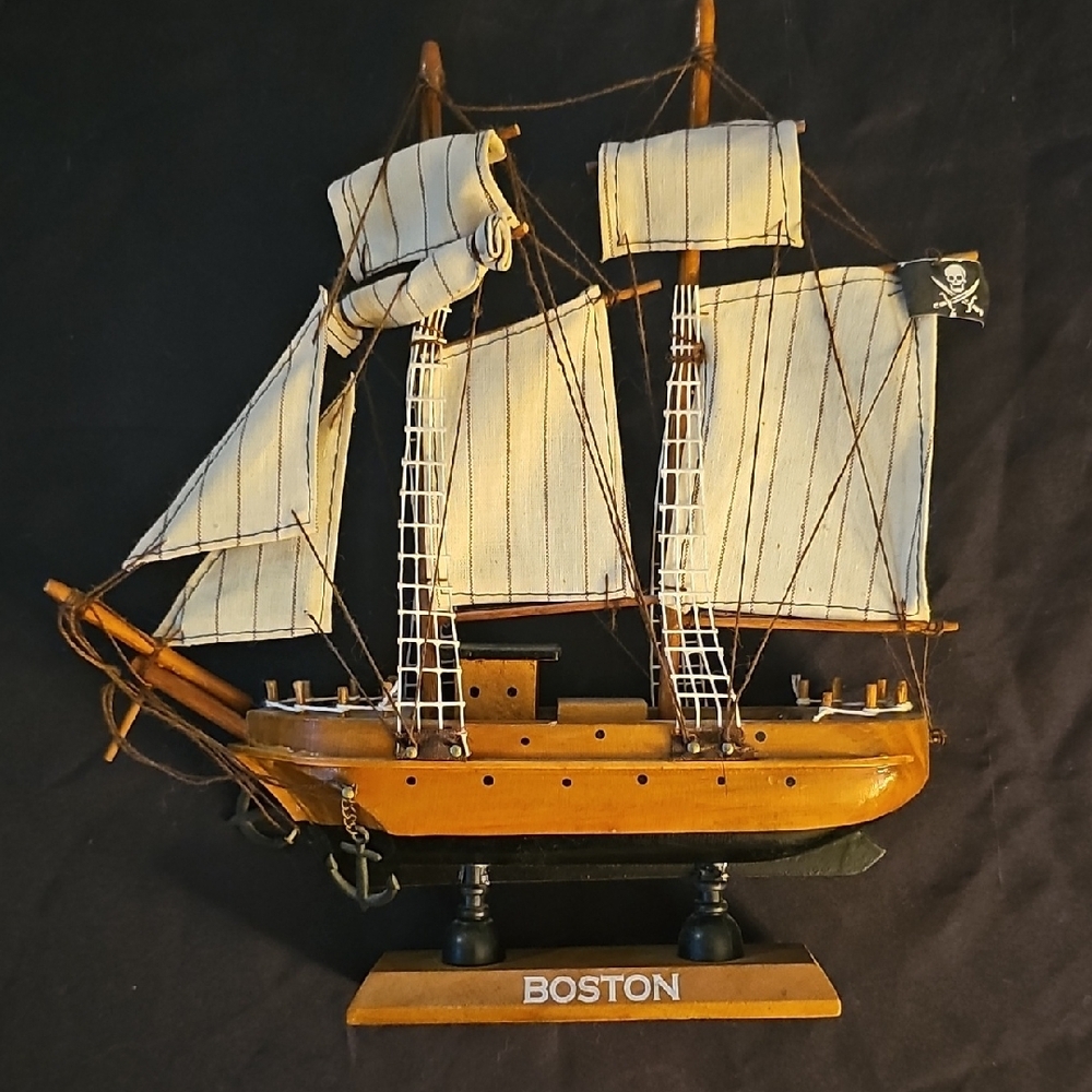 Colonial Era Cream and Brown Ship Sculpture